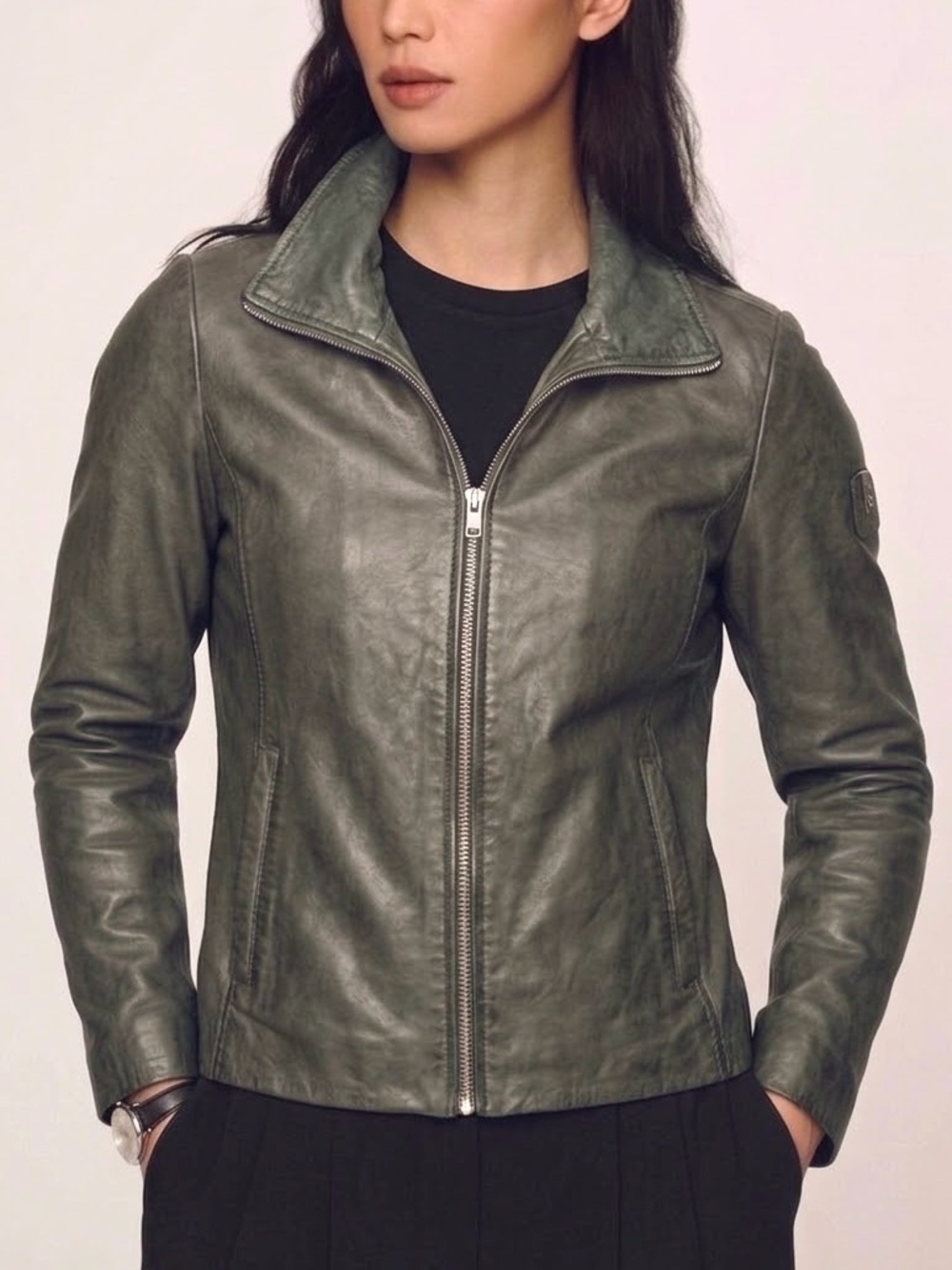 Mauritius Lambskin Leather Jacket Womens Size 12 Large Dark Grey Green Full Zip
